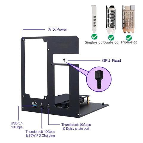 Kickass External Egpu Dock Leveraging Dual Thunderbolt 4 And Usb4 Connections To Hella Amp Up Laptop Graphics While Effortlessly Pumping Out 85 Watt Pd Power Delivery. Image showing the dock's layout, USB and Thunderbolt ports, and GPU fixed position.