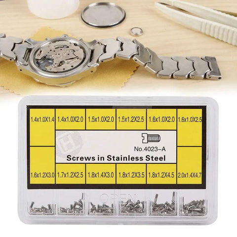 Stainless Steel Watch Case Back Screw Set With 12 Precise Sizes For Pro Grade Watch Repair, labeled box with screws