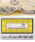Built Tough Stainless Steel Watch Back Cover Screw Set Featuring 12 Rust Resistant Micro Fasteners And Compact Storage Box for watch repairs.