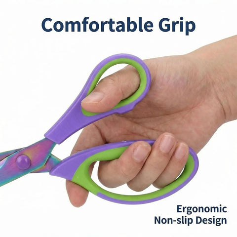 All Purpose Heavy Duty Scissors Three Pack With 5.5 Inch 8.3 Inch And 9.5 Inch Blades Premium Stainless Steel Sharp Blades Ergonomic Non Slip Grips Ideal For Paper Fabric And Arts And Crafts Left Hand Friendly, ergonomic grip shown in hand