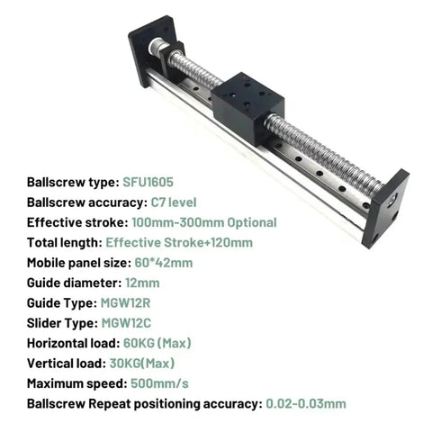 Get Your Hands On This Slick XYZ Shaft Linear Guide Slide Table Featuring SFU1605 Or 1610 Leadscrew Motion For Smooth Slideways Plus A Killer 12N Meter Motor Kit With Ball Screw Setup. Image showing SFU1605 ballscrew with detailed specifications.