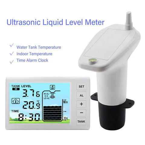 Wireless Ultrasonic Water Level Sensor With Digital Display And Temperature Readout For Liquid Depth Monitoring Battery Powered Tank Gauge shown with digital display interface and sensor unit