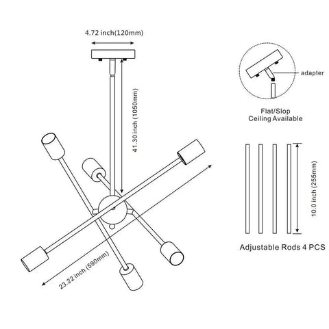 Diagram of Modern Sputnik Chandelier With 6 Lights In Brushed Brass, Mid Century Pendant Lighting dimensions and adjustable rods.