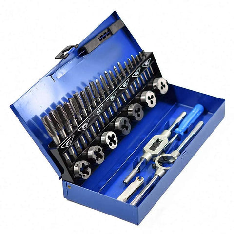 Ultimate 32 Piece Metric Thread Tap And Die Set For Pros Includes M3 To M12 Cutters Perfect For Tough Repairs And Custom Fabrication Jobs That Need Precision Taps And Dies. 32-piece metric tap and die set in blue case, M3-M12, metal tools