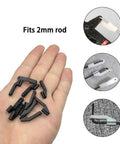 Ten Pack RC Airplane Plastic Swing Keepers For 2mm Rods Snug Snap Fit Easy Install Replacement Parts shown on hand.