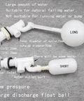 Adjustable Aquarium Float Valve Built Badass Tough For Low Pressure Water Control Featuring Massive Flow Capacity Durable Pom Construction Anti Backflow Protection No Fuss Setup For Chemical Tanks Three To Four Inches. Image showing float ball valve with water inlet and outlet ports.