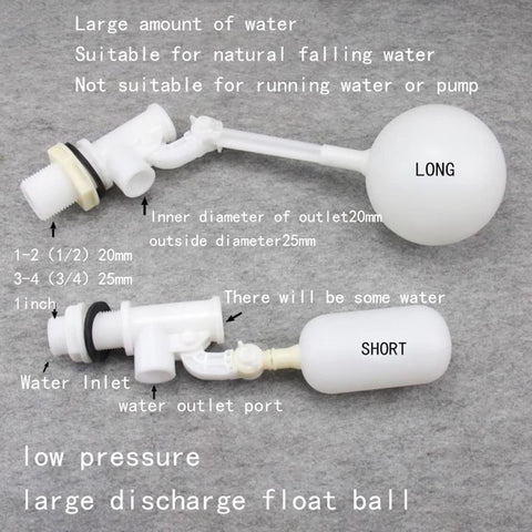 Adjustable Aquarium Float Valve Built Badass Tough For Low Pressure Water Control Featuring Massive Flow Capacity Durable Pom Construction Anti Backflow Protection No Fuss Setup For Chemical Tanks Three To Four Inches. Image showing float ball valve with water inlet and outlet ports.