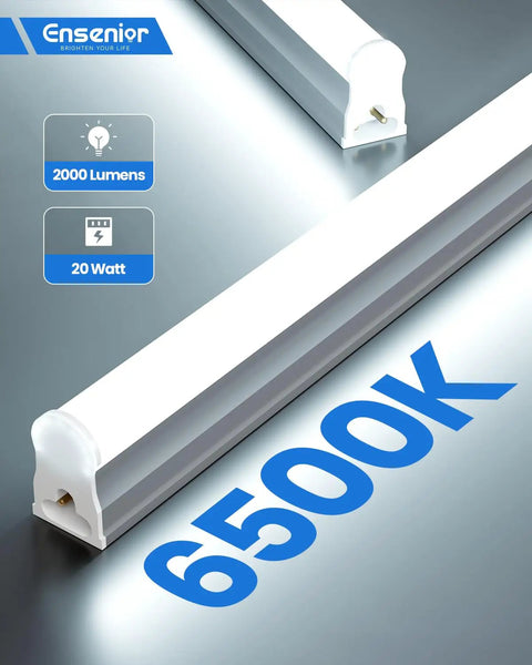 Close-up of Eight Pack T5 LED Shop Lights 4 Feet, 2000 Lumens Each, 6500K Crisp Daylight White, Integrated Fixture, 20W, Linkable