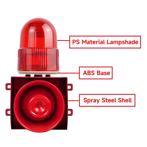 Beefy Sound And Light Alarm Siren With LED Strobe 120dB Outdoor Security Horn showing PS lampshade, ABS base, spray steel shell.