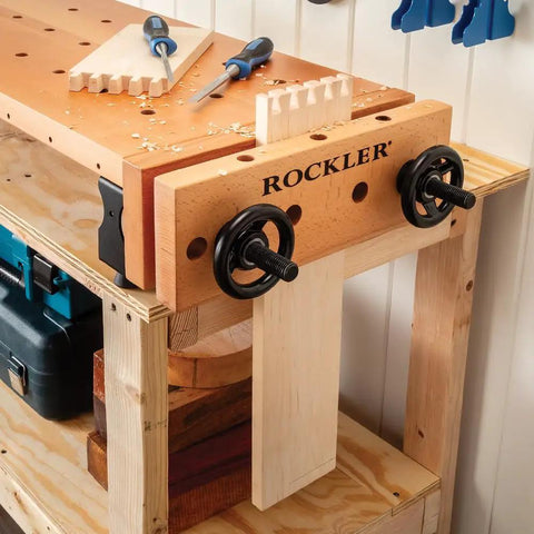 Handy Bench Portable Woodworking Workbench With Moxon Vise, 16x32 Solid Beech Benchtop, 4x4 Dog Hole Grid with tools shown