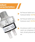 Air Pressure Switch 120-150 PSI 1 Quarter NPT DC 12V-24V for Air Horns and Compressors shown with metal top and dual prongs.