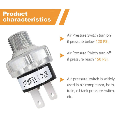 Air Pressure Switch 120-150 PSI 1 Quarter NPT DC 12V-24V for Air Horns and Compressors shown with metal top and dual prongs.