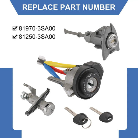 Six Pin Ignition Lock Cylinder Set For Hyundai Sonata 2009-2014 Non Hybrid And 2011-2015 Hybrid Replacement With 81970-3SA00 81250-3SA00 Key Start Barrel, showing components and keys