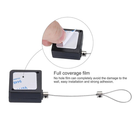 Hella Secure Retractable Cable Lock With Sturdy Double Sided Adhesive Mounting Pad For Phones TV Boxes And Remotes Black 4 Pack, showing installation process.