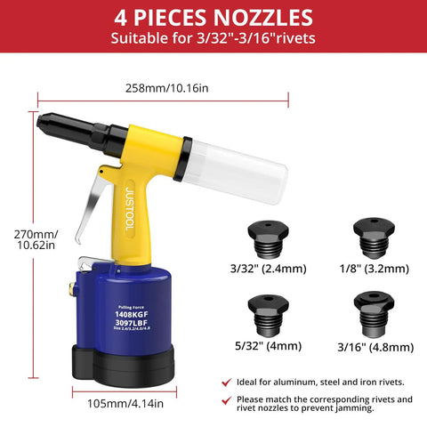 Heavy Duty Pneumatic Rivet Gun With Four Swappable Nozzles For Aluminum Steel Iron Fasteners, showing nozzles and tool dimensions.