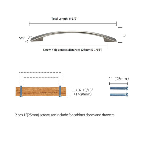 6.5 Inch Satin Nickel Cabinet Pulls Kit, Zinc Alloy Body Dresser Drawer Handles, 128mm Center To Center diagram