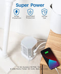 18 In 1 Power Strip Tower With 12 AC Outlets And 6 USB Ports Flat Plug 14 AWG in home setting next to charging phone