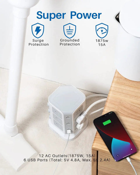 18 In 1 Power Strip Tower With 12 AC Outlets And 6 USB Ports Flat Plug 14 AWG in home setting next to charging phone
