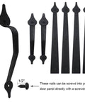 Decorative Rustic Carriage House Hardware Set With Black Steel Hinges And Handles for Barn Doors And Gates, 6 pieces.