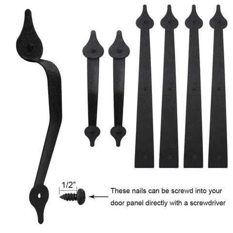 Decorative Rustic Carriage House Hardware Set With Black Steel Hinges And Handles for Barn Doors And Gates, 6 pieces.