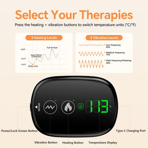 Cordless Heated Back Wrap control panel with touchscreen showing 3 heat levels and vibration modes.