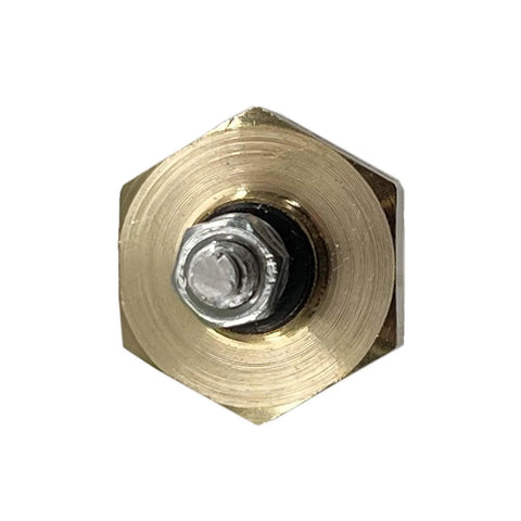 Brass hex nut with central silver bolt insert; close-up view of automotive mounting hardware.