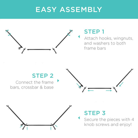 Assembly steps for Heavy Duty 9 Foot Steel Hammock Stand With Built In Wheel For Easy Mobility Carrying Case Weather Resistant Finish And 450 Pound Capacity Your Go To Outdoor Yard Setup.