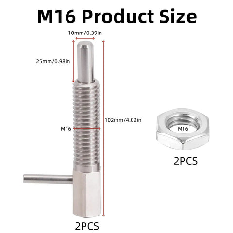 M16 Stainless Steel Retractable Indexing Plunger Pins 2 Pack Spring Loaded Latch With Nut showing dimensions with nut beside pin.