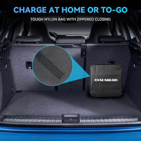 Car trunk with Macaron bag for Level One And Two EV Charger Portable With 25 Foot Cable For On The Go Charging 8 To 16 Amp Adjustable