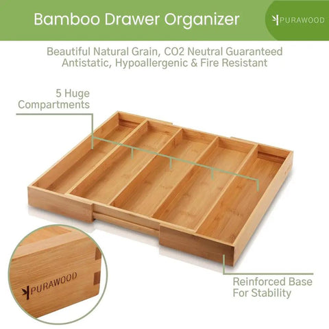 Expandable Bamboo Kitchen Drawer Organizer For Utensils And Flatware, 3 To 5 Slots, Cutlery Tray That Grows To Fit Large Drawers Up To 19.75 Inches, Durable Bamboo Silverware Organizer