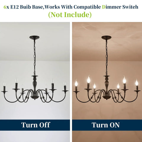 Six Light Black Farmhouse Chandelier With Rustic Industrial Iron Build Modern Metal Candle Style Ceiling Light off and on