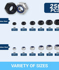 250 Piece Metric Nylon Lock Nut Assortment Kit M3 M4 M5 M6 M8 M10 showing various sizes in stainless steel and carbon steel.