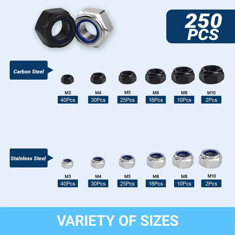 250 Piece Metric Nylon Lock Nut Assortment Kit M3 M4 M5 M6 M8 M10 showing various sizes in stainless steel and carbon steel.