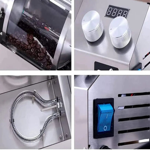 Fully Automatic Coffee Roaster With Heavy Stainless Steel Drum, Electric Bean Roasting Machine showing control knobs, stainless details, and quartz drum.
