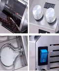 Close-up of the Solid Pro Level Fully Automatic Coffee Roaster With Heavy Duty Stainless Steel Drum, controls, and transparent drum.