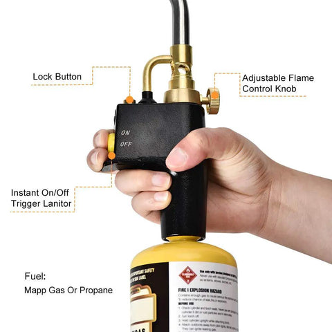 Hand holding Propane Torch Head With Three Nozzles Trigger Start MAP Pro Gas Torch Push Button Igniter Welding Torch Head For MAP Pro Cylinders