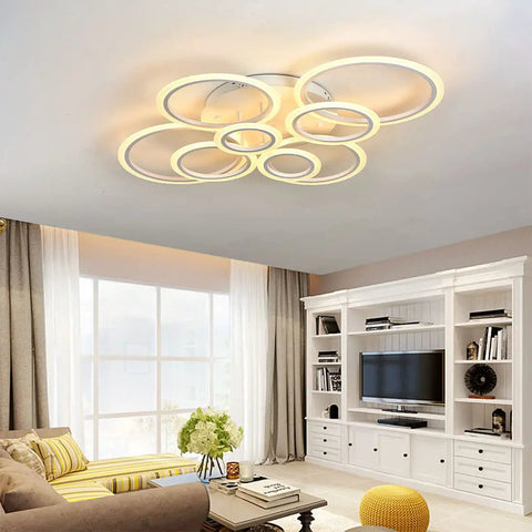 41 Inch Modern LED Ceiling Light With Remote Dimmable Eight Ring White Flush Mount Fixture in living room