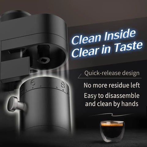Premium Single Dose Electric Burr Coffee Grinder 48Mm Heavy Duty Steel Burrs showing quick-release design and easy cleaning features.