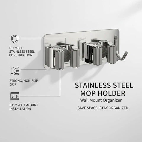 Stainless steel wall mount Space Saving Mop And Broom Holder Organizer in gray for cleaning tools with non-slip grip
