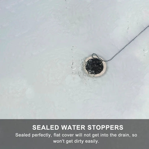 2 Pcs Black Silicone Bathtub Drain Stopper with Chain for Shower Use, shown in water, demonstrating flat cover sealing drain.