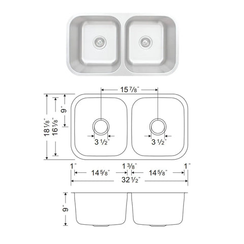 Diagram of Craftsmen Series 33 Inch Equal Double Bowls Kitchen Sink with 9 Inch Deep Basins and dimensions.
