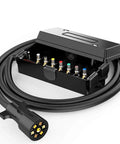 Straight Up Heavy Duty 6 Foot 7 Way Trailer Plug Cord With Sealed Junction Box showing black cable and connector with wiring terminals.