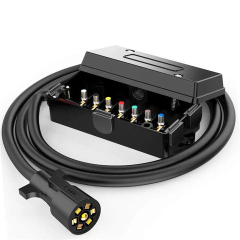 Straight Up Heavy Duty 6 Foot 7 Way Trailer Plug Cord With Sealed Junction Box showing black cable and connector with wiring terminals.