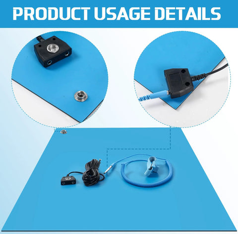 Anti Static Mat Kit For Electronics Workbench, 2 Pack Heat Resistant ESD Mats With Wrist Straps And Grounding Cords in blue