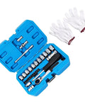29 Piece Heavy Duty Through Hole Ratchet Socket Set Metric 12 Point Tool Kit Featuring Slick Rolling 72 Tooth Mechanism with gloves