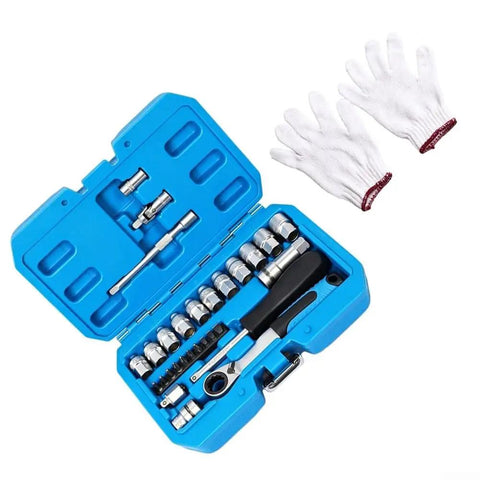 29 Piece Heavy Duty Through Hole Ratchet Socket Set Metric 12 Point Tool Kit Featuring Slick Rolling 72 Tooth Mechanism with gloves