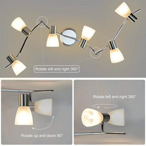 Six-Light Flexible Track Lighting Rail With Glass Shade LED Spot Ceiling Lights, Modern Track Fixture with rotatable heads