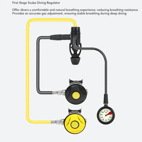 First Stage Scuba Regulator For Underwater Diving Gear With Low Resistance Yoke And Aluminum Alloy Body, showcasing yellow hoses