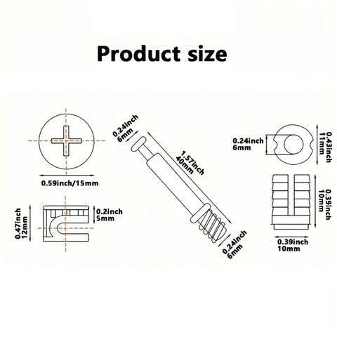 Dimensions of Heavy Duty Cam Locks Furniture Fasteners Kit With Lock Nuts And Fittings for Secure Cabinets and Desks. Diagram view.
