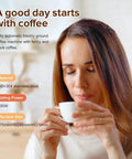 Woman enjoying coffee from a cup using Top Shelf Fully Automatic Espresso Coffee Maker With Integrated Milk Frother Precision Bean Grinder And One Touch Operation For No Sweat Slick Daily Brewing At Home.